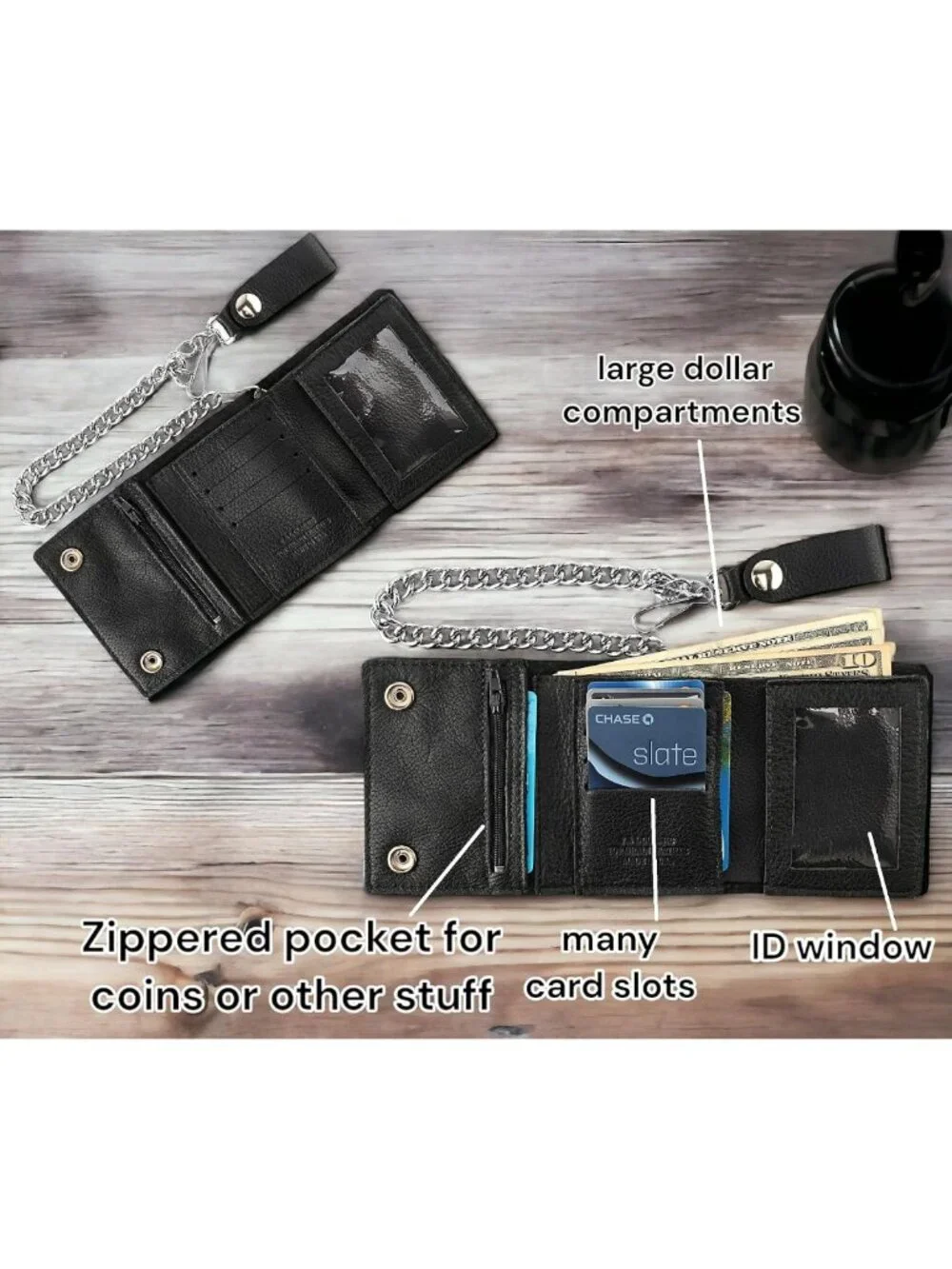 Vintage Biker Cowhide Leather Wallet with RFID Blocking & Steel Chain, Snap
